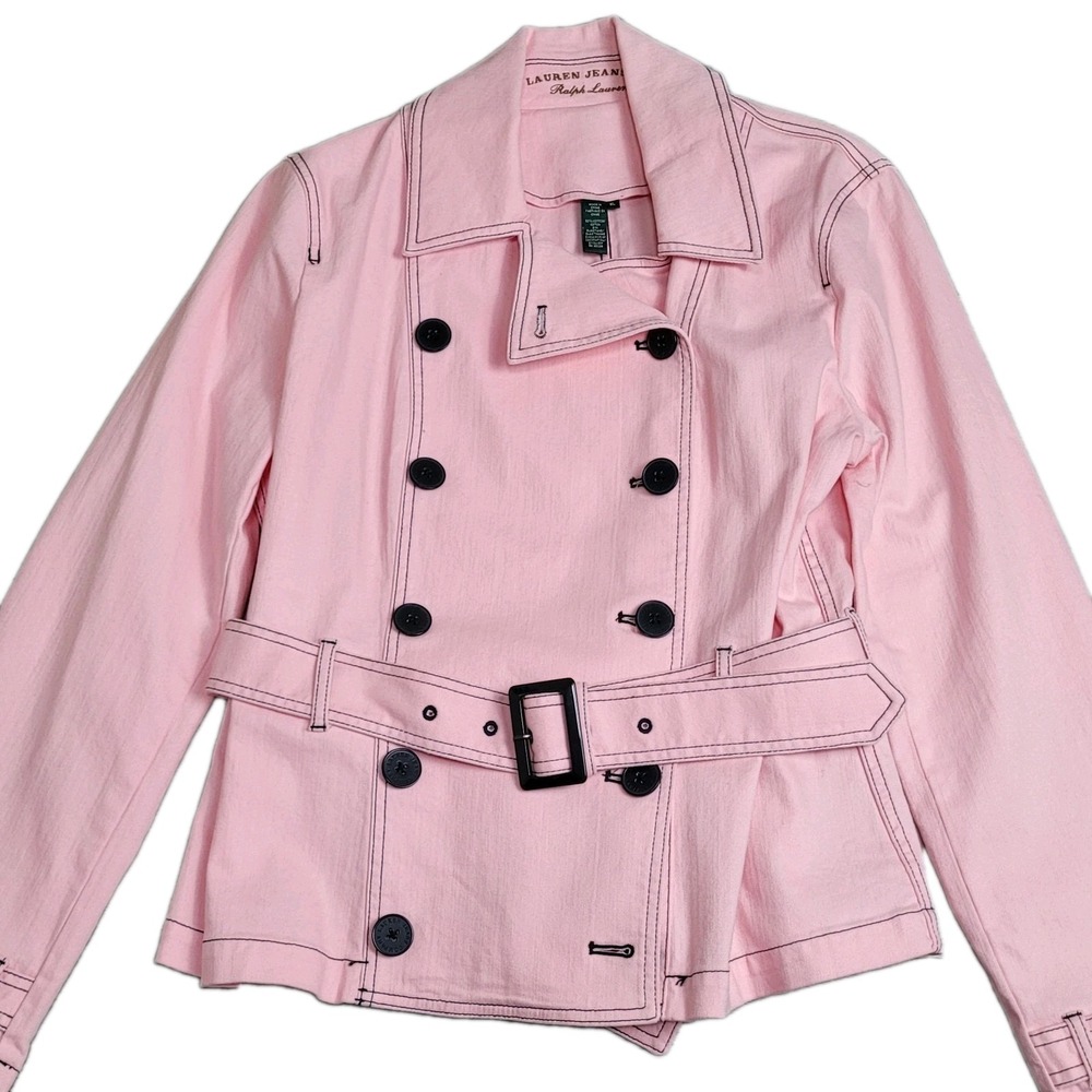 🌸NWT Lauren Jeans Co. Jacket Womens XL Peony Pink Denim Double Breasted Belted - Picture 2 of 16